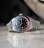 Load image into Gallery viewer, Oceanguard GMT - Jet Black w/ Faded Blue and Pink Bezel
