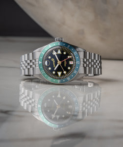 Oceanguard GMT - Jet Black w/ Coral and Turquoise Bezel