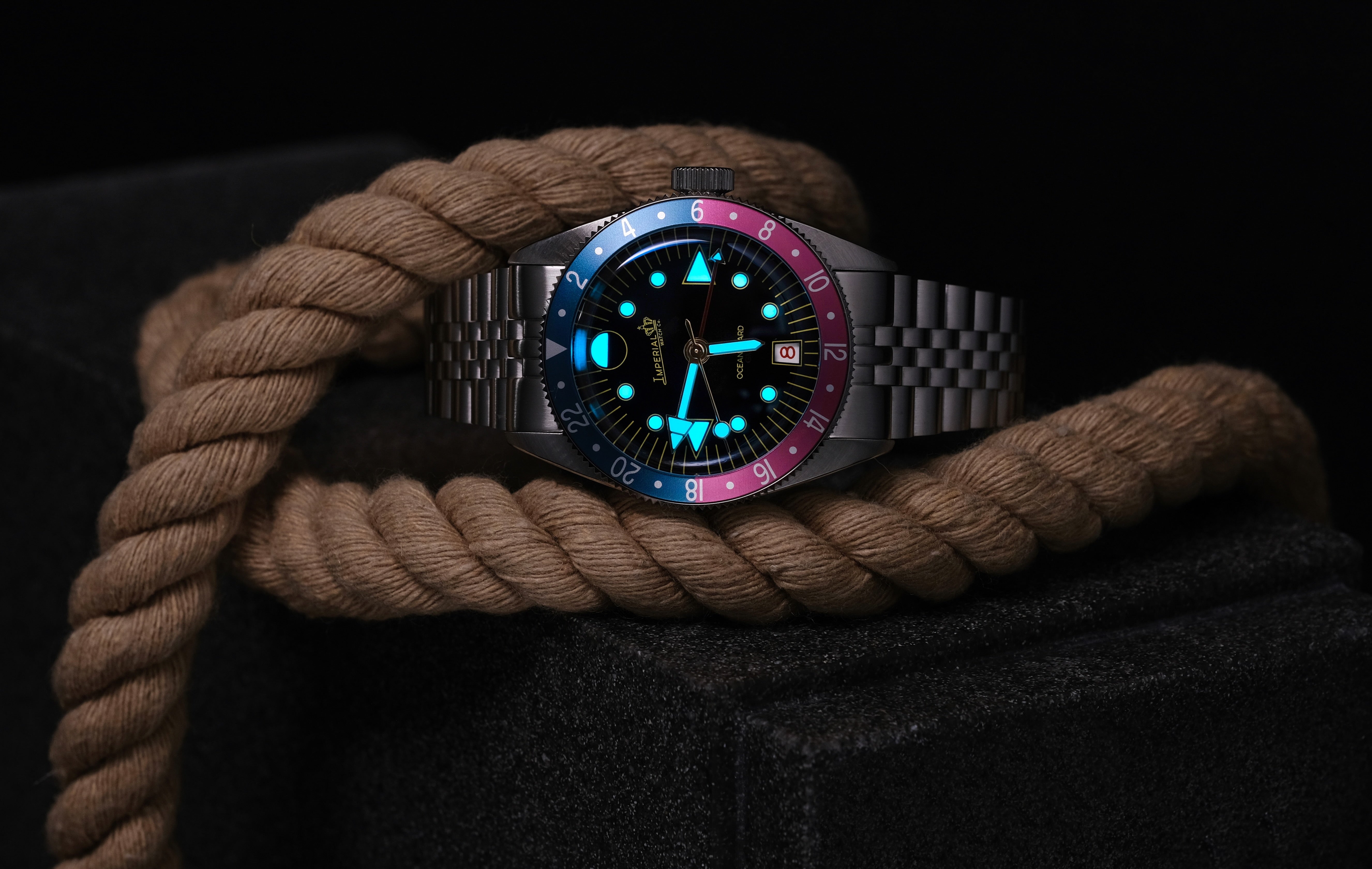 Oceanguard GMT - Jet Black w/ Faded Blue and Pink Bezel