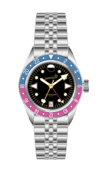 Load image into Gallery viewer, Oceanguard GMT - Jet Black w/ Faded Blue and Pink Bezel
